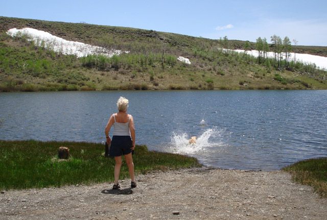 Jo throwing stick for Lily the lab at Fish Lake